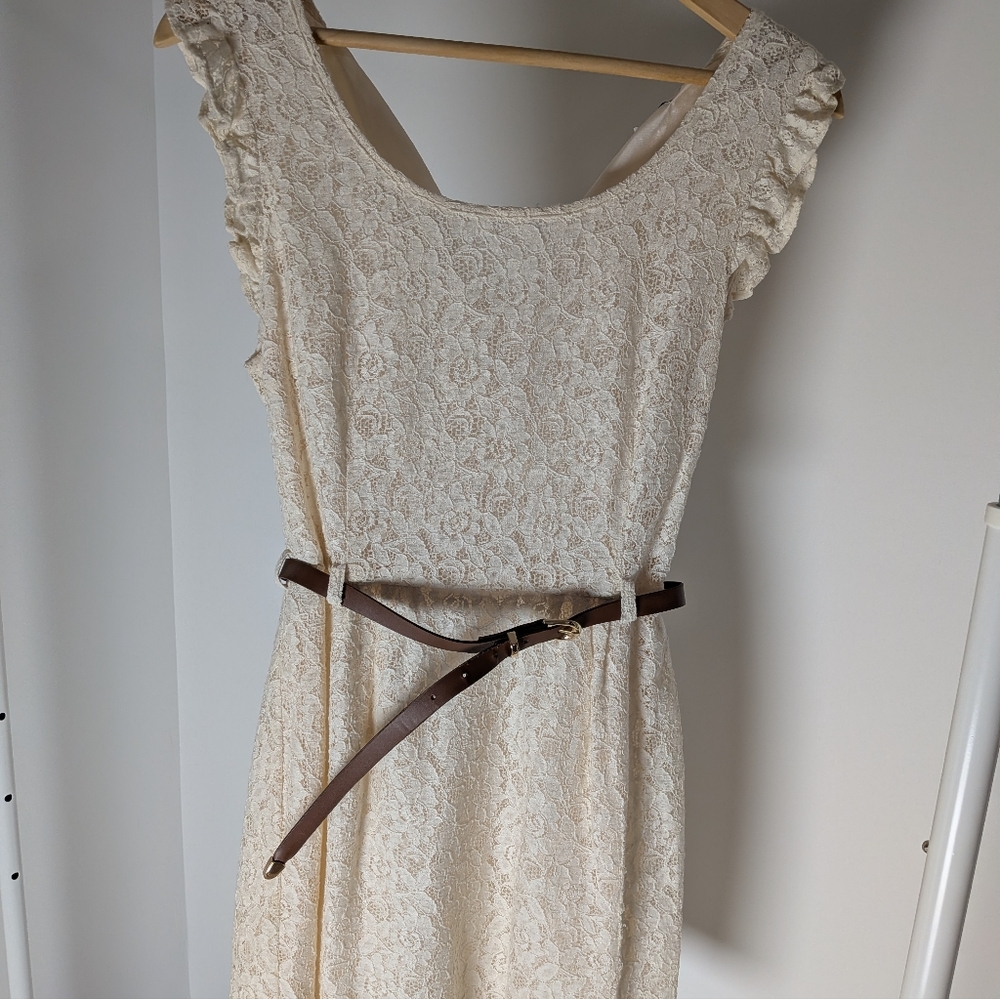 Forever 21 Cream Lace Mini Dress with Brown Belt